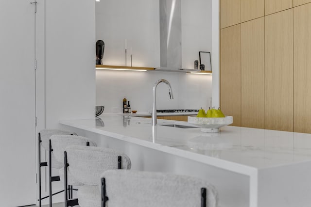 610 N Oak Cliff Blvd Unit 205, Dallas, TX 75208 - kitchen with wall chimney exhaust hood, modern cabinets, and light stone counters