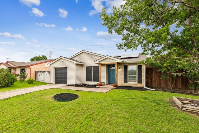 7116 Independence Dr, The Colony, TX 75056 - single story home with brick siding, concrete driveway, an attached garage, and solar panels