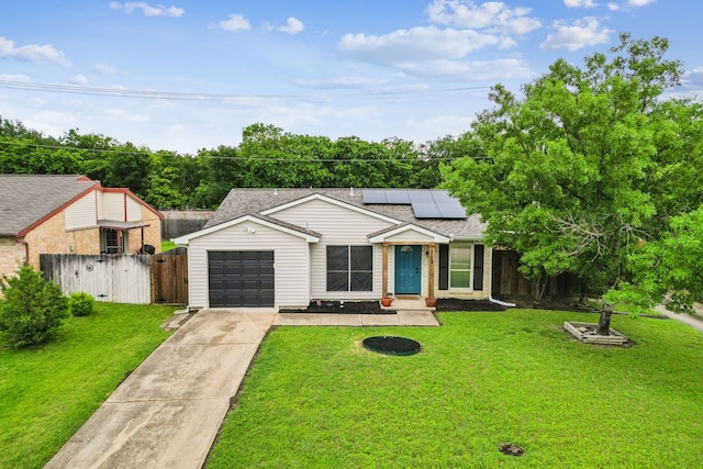 7116 Independence Dr, The Colony, TX 75056 - single story home featuring concrete driveway, solar panels, an attached garage, and a shingled roof