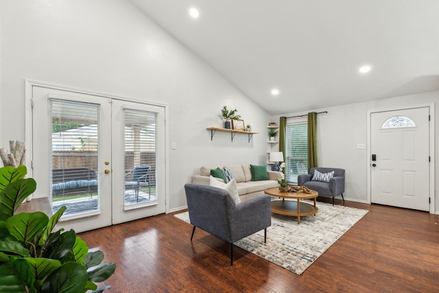 7116 Independence Dr, The Colony, TX 75056 - living area with french doors, wood finished floors, recessed lighting, and high vaulted ceiling