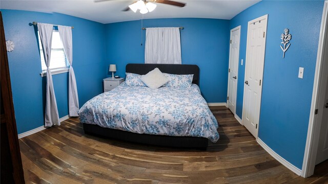 2308 16th St, Brownwood, TX 76801 - bedroom featuring dark wood-type flooring, baseboards, and ceiling fan