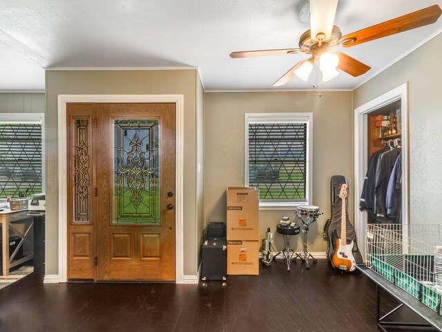 view of exterior entry featuring a ceiling fan