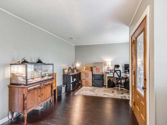 office featuring wood finished floors and ornamental molding