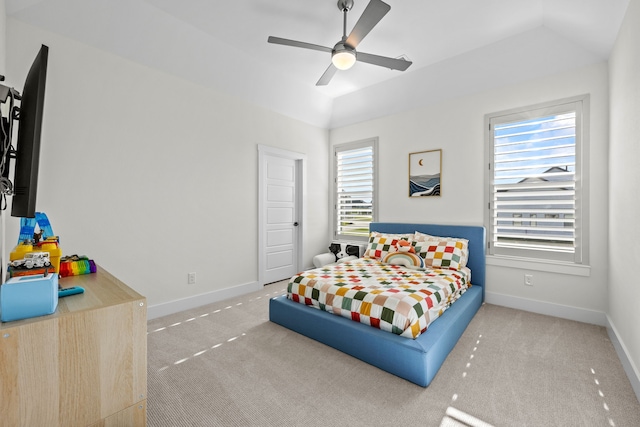 1914 Mann Pkwy, Celina, TX 75009 - bedroom featuring light carpet, baseboards, lofted ceiling, and a ceiling fan