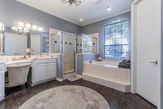 bathroom featuring a chandelier, a shower stall, crown molding, a bath, and vanity
