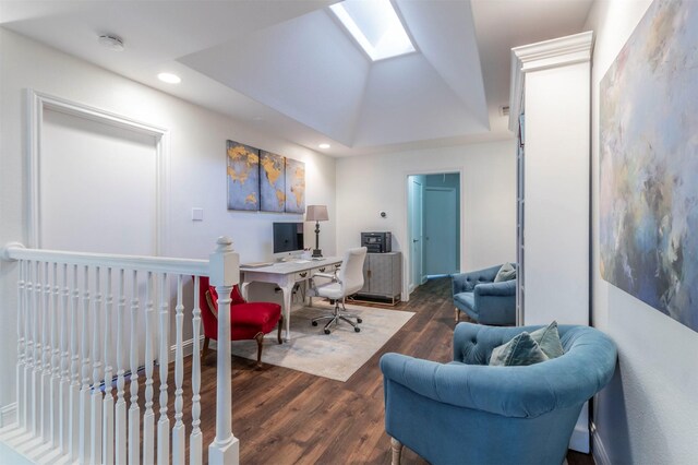 home office featuring wood finished floors, recessed lighting, and baseboards