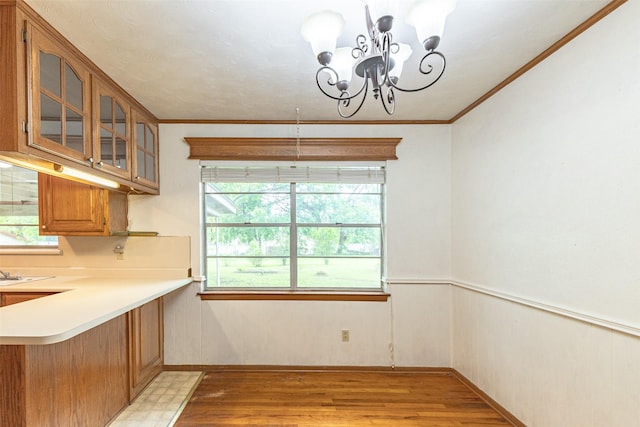 1809 Stevens St, Bridgeport, TX 76426 - unfurnished dining area featuring a chandelier, light wood-type flooring, and ornamental molding