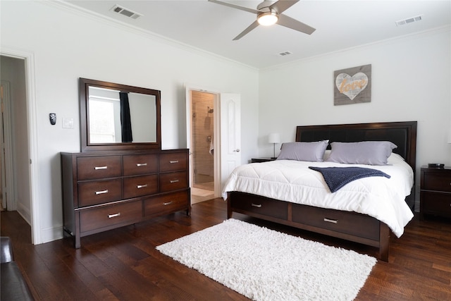 2974 Sparks Dr, Frisco, TX 75036 - bedroom featuring ornamental molding, dark wood-style flooring, baseboards, and a ceiling fan