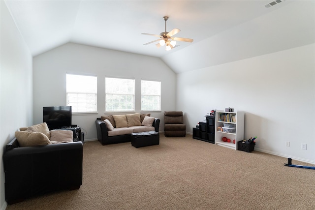 2974 Sparks Dr, Frisco, TX 75036 - carpeted living room with a ceiling fan, lofted ceiling, and baseboards