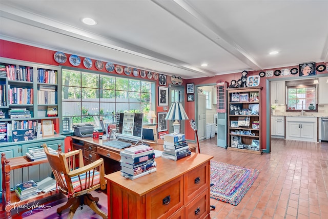 6030 Arden St, Shreveport, LA 71106 - office space with beamed ceiling, ornamental molding, recessed lighting, and brick floors