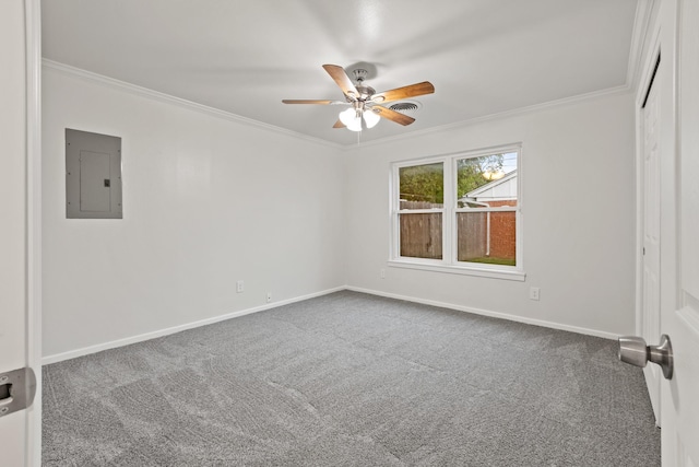 2909 Conejos Dr, Fort Worth, TX 76116 - carpeted spare room featuring electric panel, ornamental molding, ceiling fan, and baseboards
