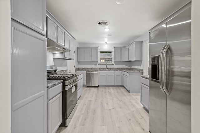 2909 Conejos Dr, Fort Worth, TX 76116 - kitchen with stainless steel appliances, under cabinet range hood, gray cabinets, light wood finished floors, and light stone counters