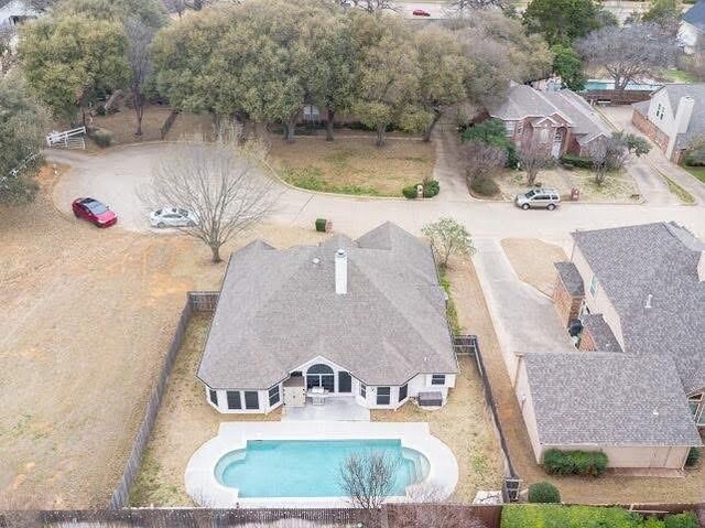 view from above of property featuring a pool
