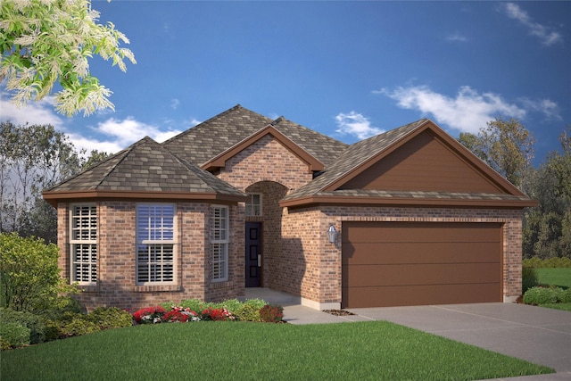 212 Trinity St, Grandview, TX 76050 - french country home featuring brick siding, an attached garage, a front yard, and concrete driveway