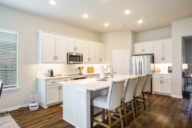 3224 Greymoore Dr, Anna, TX 75409 - kitchen with stainless steel microwave, a sink, dark wood finished floors, light countertops, and recessed lighting