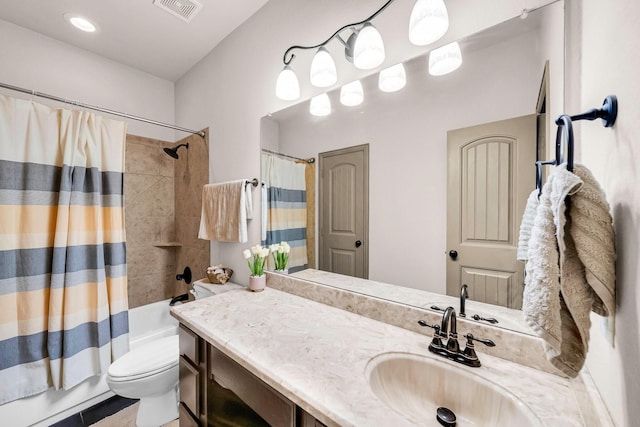 bathroom with vanity, shower / bath combo, toilet, and tile patterned flooring
