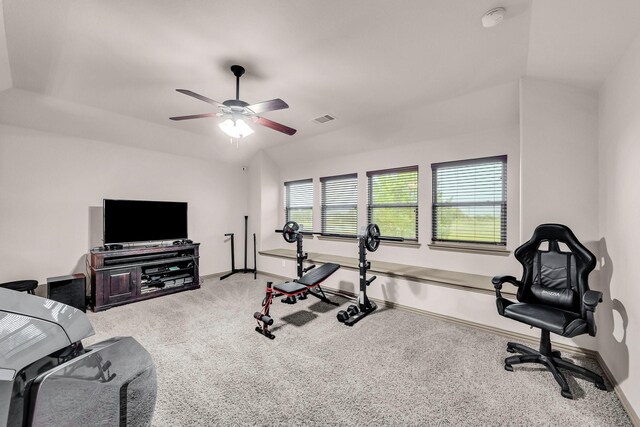 workout area featuring a ceiling fan, carpet floors, and baseboards