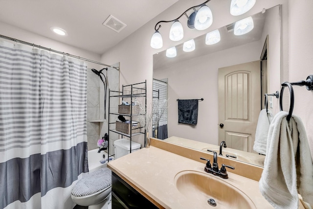 full bath featuring vanity, shower / bath combo, and toilet