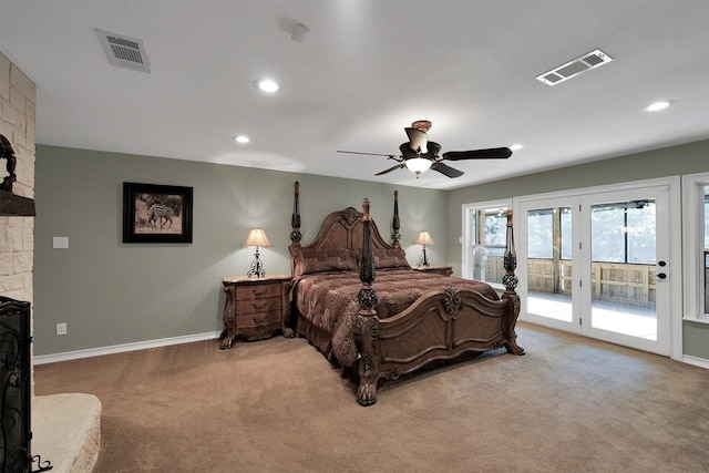 bedroom with access to outside, light carpet, baseboards, recessed lighting, and a ceiling fan