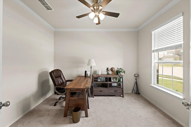 1145 Vernon Dr, Aubrey, TX 76227 - carpeted office space featuring crown molding, a ceiling fan, and baseboards