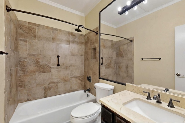 bathroom featuring crown molding, shower / tub combination, toilet, and vanity