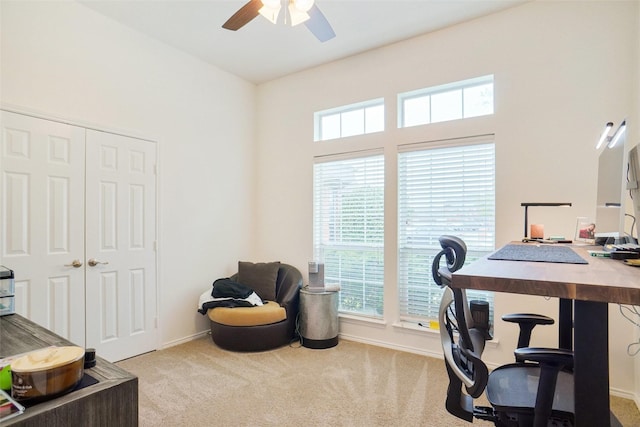 8652 Fernhill Dr, Fort Worth, TX 76123 - office area with a ceiling fan, carpet flooring, and healthy amount of natural light
