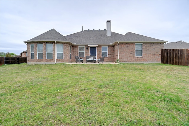 8652 Fernhill Dr, Fort Worth, TX 76123 - back of house with brick siding, a chimney, an outdoor living space, a patio, and roof with shingles
