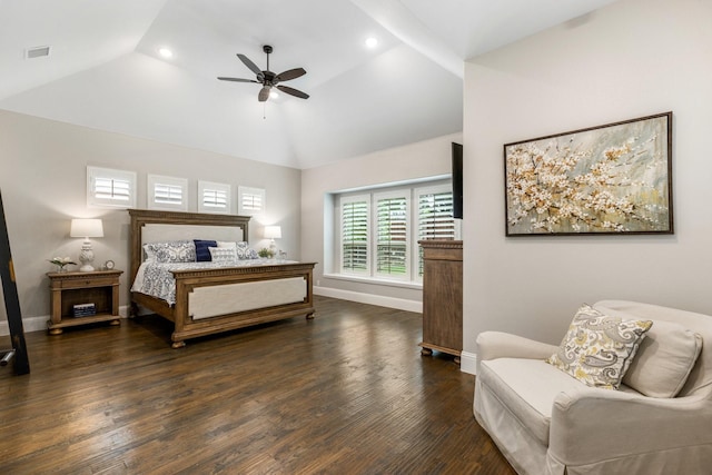 bedroom with baseboards, dark wood finished floors, recessed lighting, ceiling fan, and high vaulted ceiling