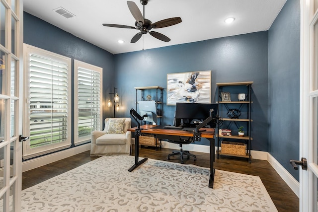 office area with a ceiling fan, wood finished floors, french doors, baseboards, and recessed lighting
