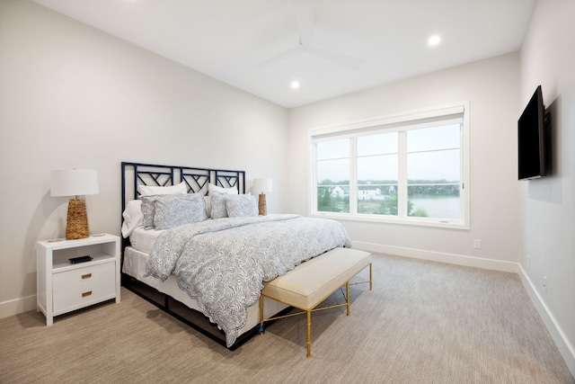 13736 Waterside Dr, Malakoff, TX 75148 - bedroom featuring baseboards, recessed lighting, light carpet, and ceiling fan