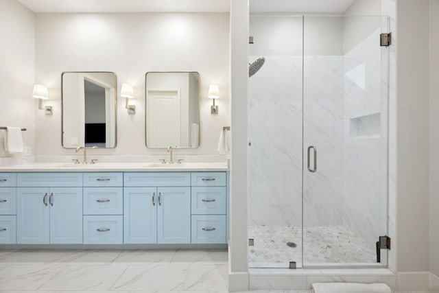 13736 Waterside Dr, Malakoff, TX 75148 - bathroom with marble look tile flooring, a shower stall, and double vanity