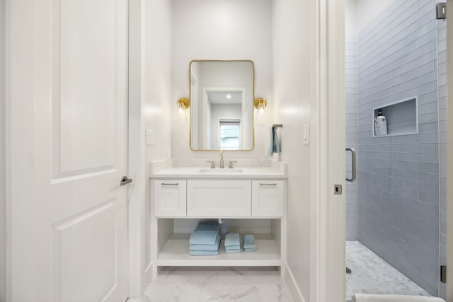 13736 Waterside Dr, Malakoff, TX 75148 - bathroom featuring marble look tiles, a stall shower, baseboards, and vanity