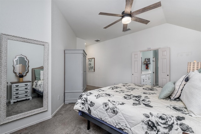 bedroom with vaulted ceiling, carpet flooring, and ceiling fan