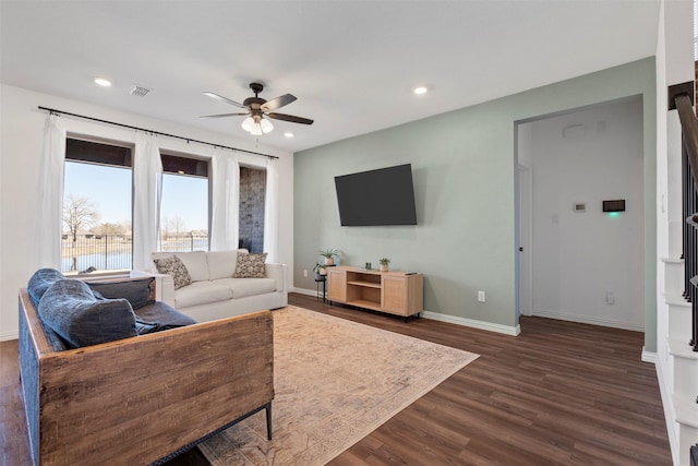 1420 Escondido Dr, Fort Worth, TX 76052 - living room with ceiling fan, dark wood-type flooring, baseboards, and recessed lighting