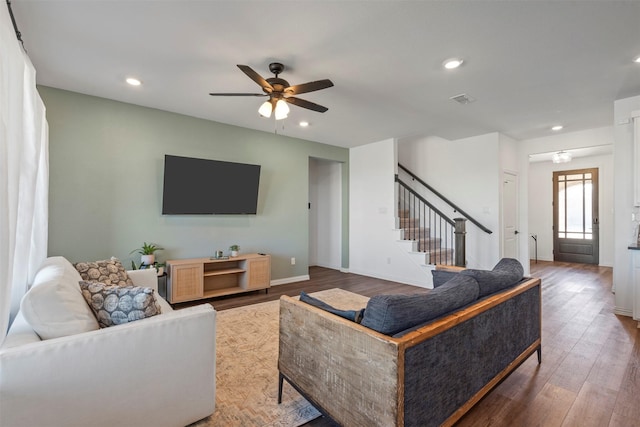 1420 Escondido Dr, Fort Worth, TX 76052 - living area with stairs, wood finished floors, a ceiling fan, baseboards, and recessed lighting
