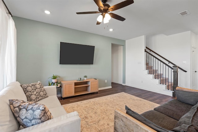 1420 Escondido Dr, Fort Worth, TX 76052 - living area featuring wood finished floors, ceiling fan, stairs, recessed lighting, and baseboards