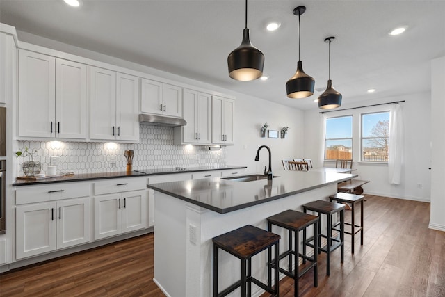 1420 Escondido Dr, Fort Worth, TX 76052 - kitchen featuring a sink, black electric cooktop, under cabinet range hood, backsplash, and dark countertops