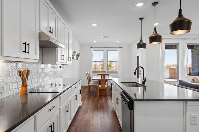 1420 Escondido Dr, Fort Worth, TX 76052 - kitchen with under cabinet range hood, a sink, stainless steel dishwasher, dark wood-type flooring, and decorative backsplash