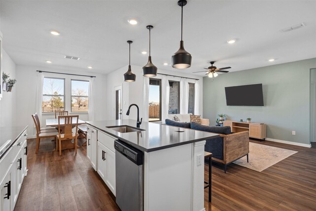 1420 Escondido Dr, Fort Worth, TX 76052 - kitchen with a sink, dishwasher, recessed lighting, dark wood-style floors, and ceiling fan