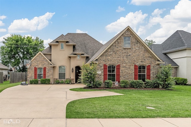 french provincial home with stucco siding, a shingled roof, brick siding, and curved driveway