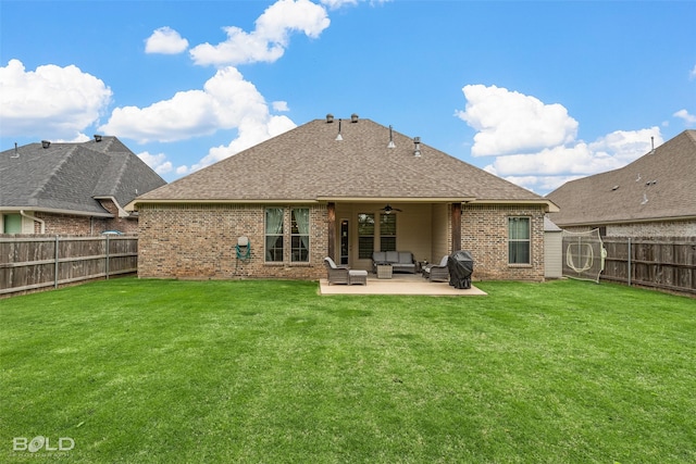 rear view of property with outdoor lounge area, brick siding, a patio area, roof with shingles, and a ceiling fan
