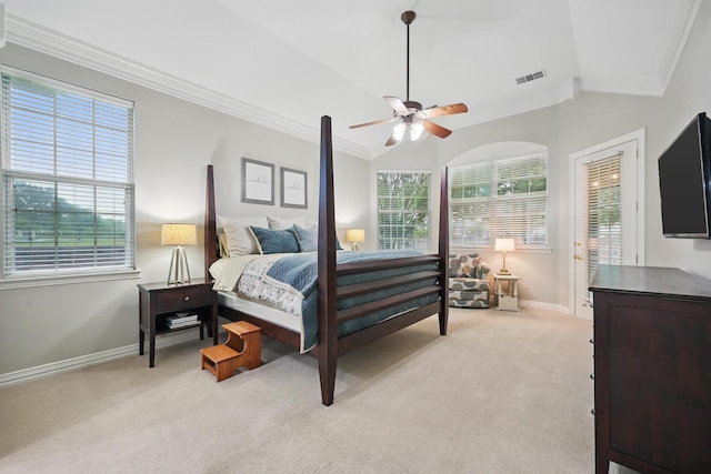 2099 Remington Ln, Frisco, TX 75033 - bedroom featuring baseboards, light colored carpet, ornamental molding, multiple windows, and ceiling fan