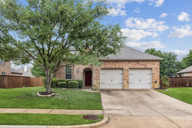 view of front of property featuring a garage, concrete driveway, a shingled roof, and brick siding