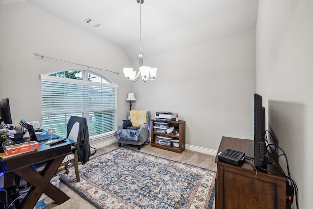 carpeted office with a chandelier, vaulted ceiling, and baseboards