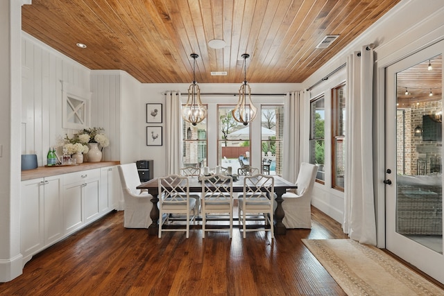 304 Nora Ln, Argyle, TX 76226 - dining area featuring wood ceiling, a chandelier, dark wood-style flooring, and baseboards