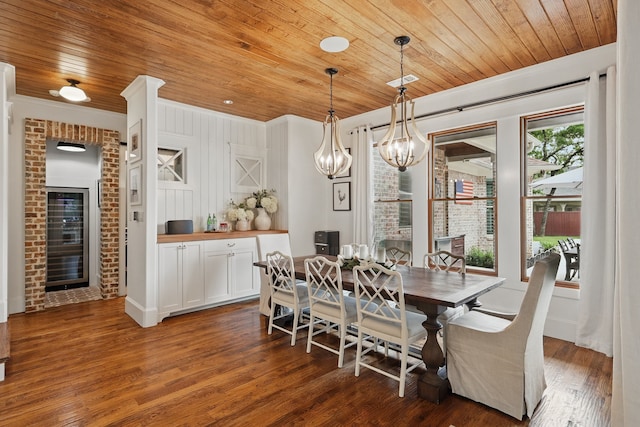 304 Nora Ln, Argyle, TX 76226 - dining area featuring wood ceiling, wood finished floors, a chandelier, and beverage cooler