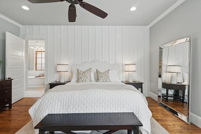 304 Nora Ln, Argyle, TX 76226 - bedroom featuring ornamental molding, wood finished floors, recessed lighting, ensuite bathroom, and ceiling fan