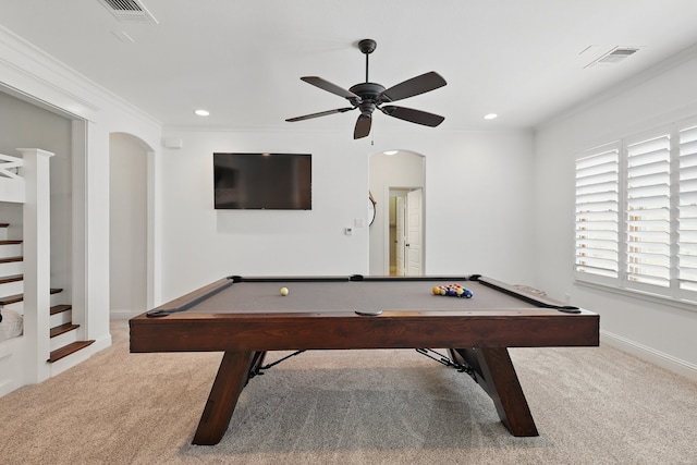 304 Nora Ln, Argyle, TX 76226 - recreation room featuring arched walkways, carpet, billiards, recessed lighting, and ornamental molding