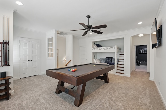 304 Nora Ln, Argyle, TX 76226 - rec room with light colored carpet, pool table, ornamental molding, a ceiling fan, and baseboards