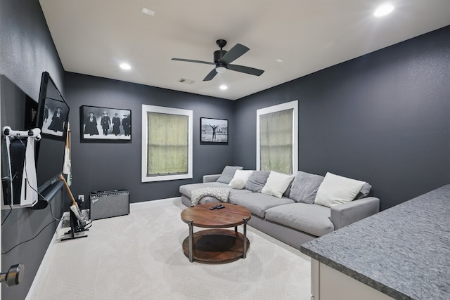 304 Nora Ln, Argyle, TX 76226 - carpeted living room with a ceiling fan, recessed lighting, and baseboards